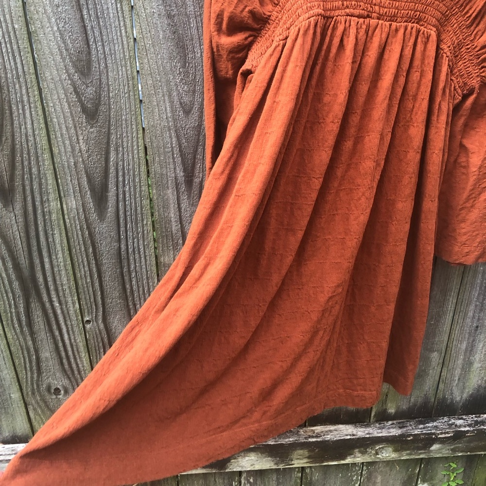 FP Beach Celia Mini Dress Size L Brown Rust Long Dolman Sleeves Gauzy Pockets - Picture 15 of 16
